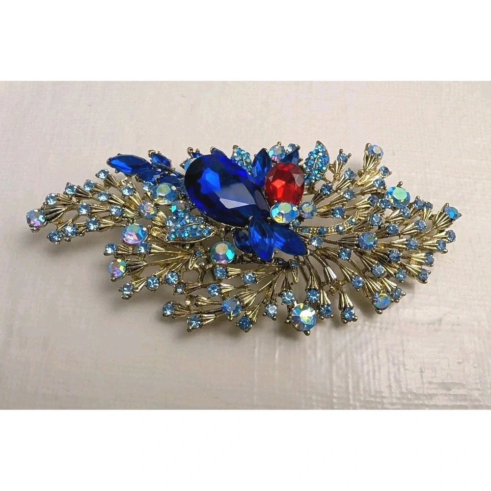 Large Peacock Brooch Pin Blue Red AB Rhinestones Gold Tone Statement 6